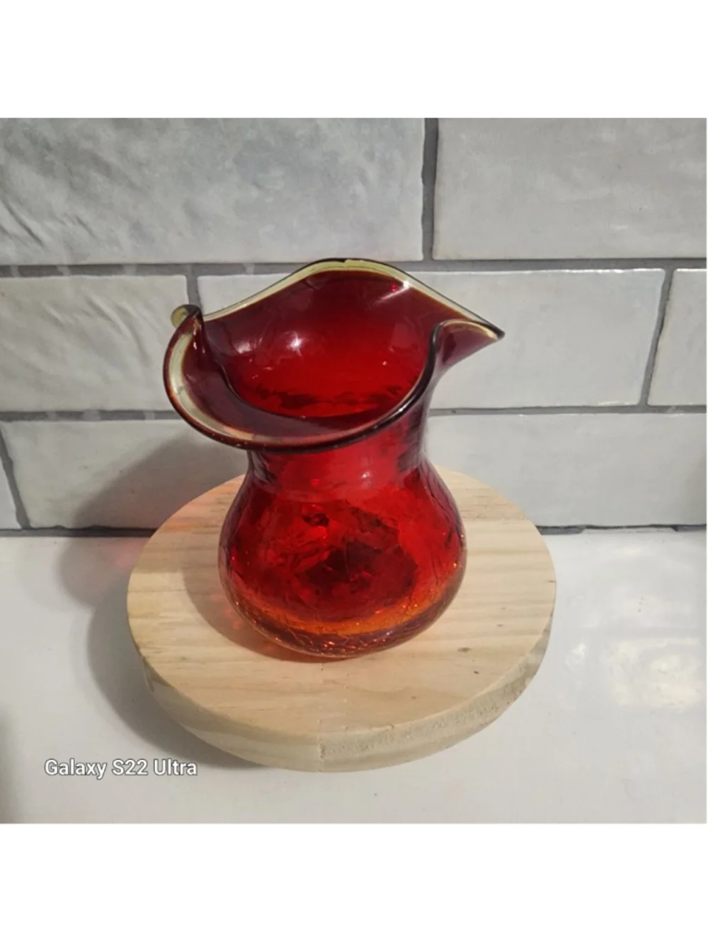 Vintage Amberina Hand Blown Crackle Glass Vase Ruffle Rim 3.5” Tall - Picture 2 of 6